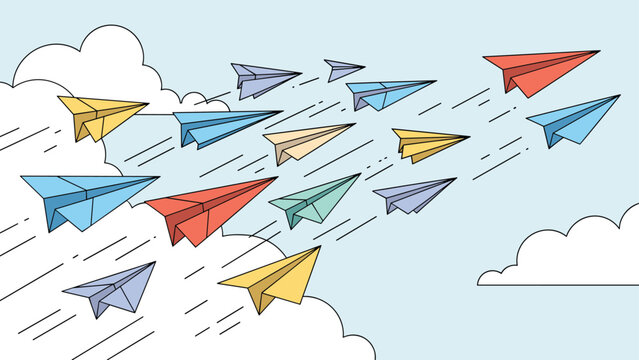 Large flock of colorful paper airplanes in shades of blue, yellow, red, and green flying together in one direction through a clear sky with white clouds.