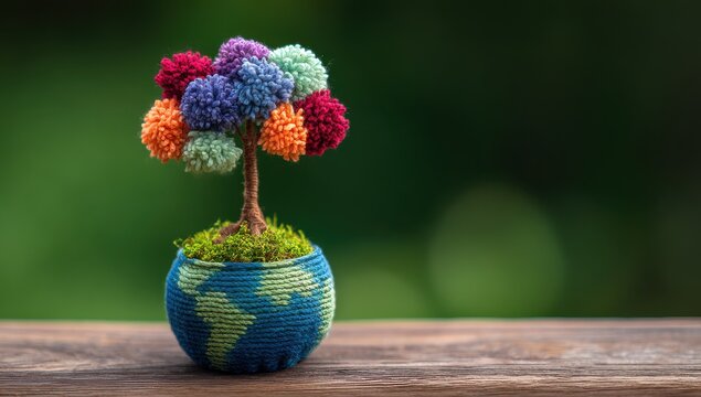 colorful yarn pom pom tree in a knitted globe on wooden table