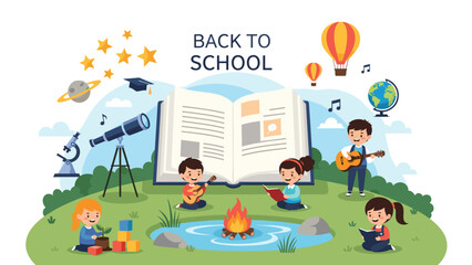 Naklejka premium Children participate in diverse educational and creative activities around a cozy campfire including reading, playing music, and stargazing.
