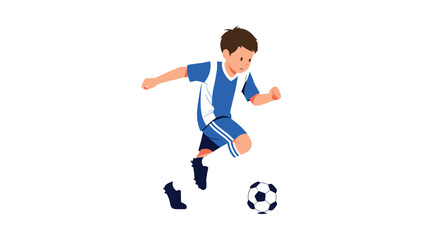 Obraz premium Energetic young boy in a blue and white soccer uniform dribbles a ball across a white field during a competitive and fun sports match.