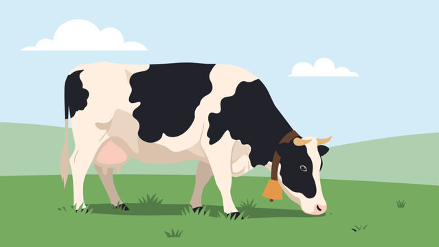 Large black and white dairy cow wearing a bell grazing on a lush green meadow under a bright blue sky with white clouds during the day.