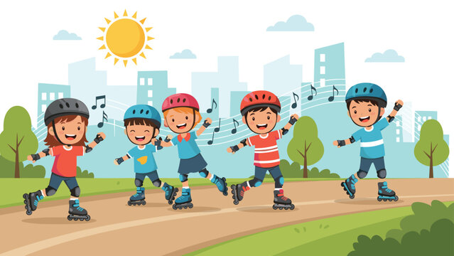 Five diverse children wearing protective gear and helmets rollerblading together on a path in a city park under a bright yellow summer sun.