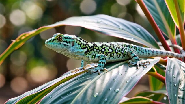 Spotted gecko resting on tropical leaf with water drops, green black patterned lizard on plant in sunlit jungle, exotic reptile closeup, concept of wildlife, exotic pets