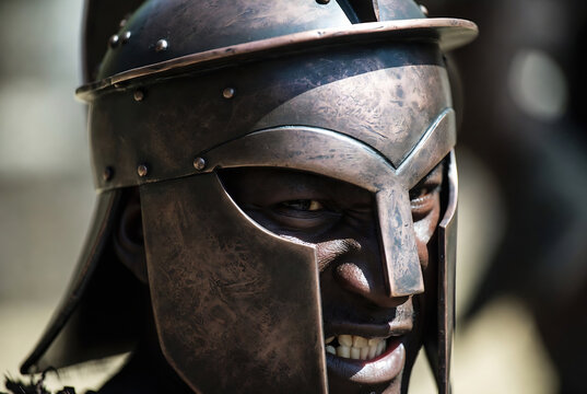 A close-up of a Roman gladius helmet with an eye slit, suggesting a warrior or reenactor.