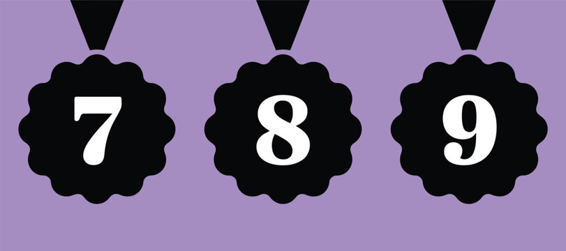 Set of three black circular badges with numbers seven eight and nine