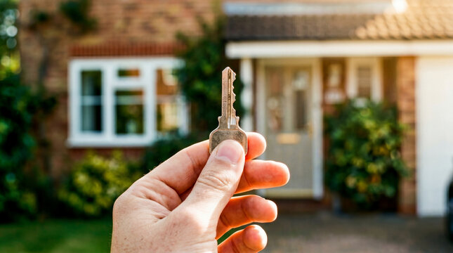 A close-up shot shows a hand holding a silver key in front of a blurred house. The sun is shining brightly, casting a warm glow on the scene.