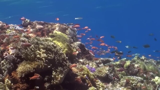 Graceful schools of tiny reddish fish navigate a magnificent, colorful coral reef during a bright day. The deep blue ocean provides a stunning backdrop for this marine spectacle.