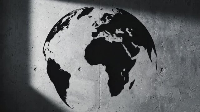 Silhouette shadow of rotating globe on textured concrete wall
