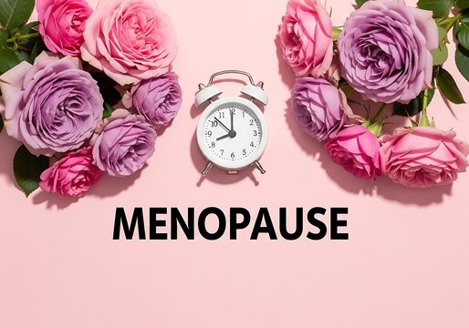 Menopause concept with roses and alarm clock on pink background