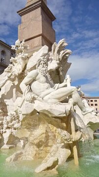 Roma, Italy. February 15, 2026, Beautiful view of the Fountain of the Four Rivers in Piazza Navona, Rome. A baroque masterpiece by Gian Lorenzo Bernini, a UNESCO site