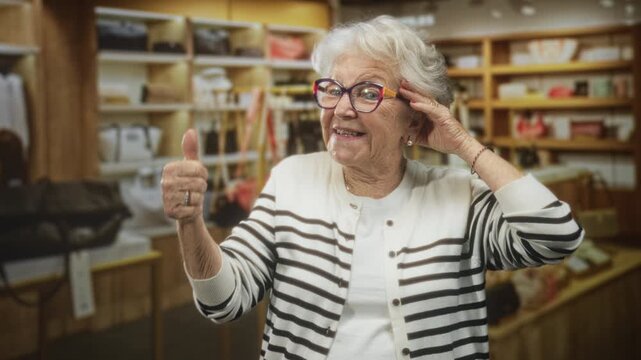 Elderly woman gives thumbs up with bare hand and adjusts colorful eyeglasses among purse shelves in a boutique building; cheerful approval.