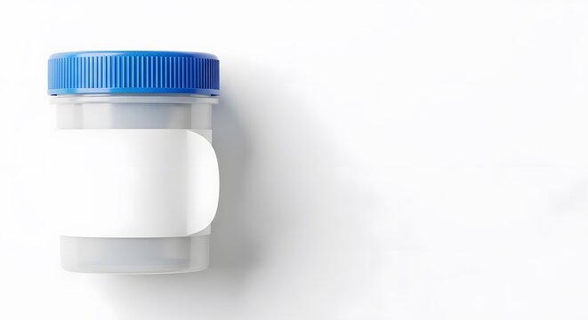 Medical specimen cup with blue lid and blank white label on white background. Professional laboratory equipment for urine or stool sample collection and clinical diagnostic testing procedures.
