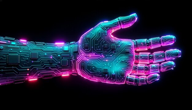 Futuristic robotic hand with glowing neon circuit board patterns, artificial intelligence and bionic human-machine interface concept on black background