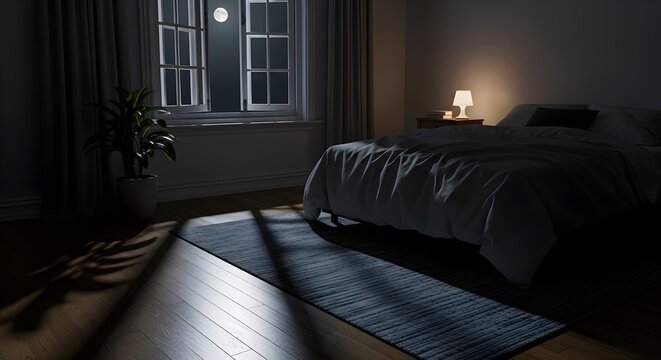 Quiet bedroom scene with moonlight streaming through the window creating a peaceful nighttime atmosphere.