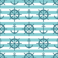 Fototapeta premium Nautical pattern with ship steering wheels and anchors on striped background
