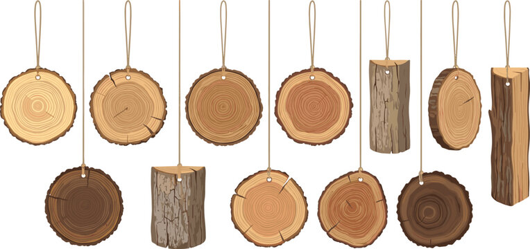 Wood Log Slice Hanging Sign Vector Collection Featuring Tree Ring Cross Sections Rustic Wooden Discs and Natural Timber Tags for Decoration Design