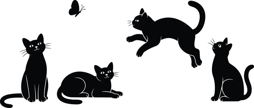 Collection of Black Cat Silhouettes in Various Poses with Butterfly on White Background kitten feline