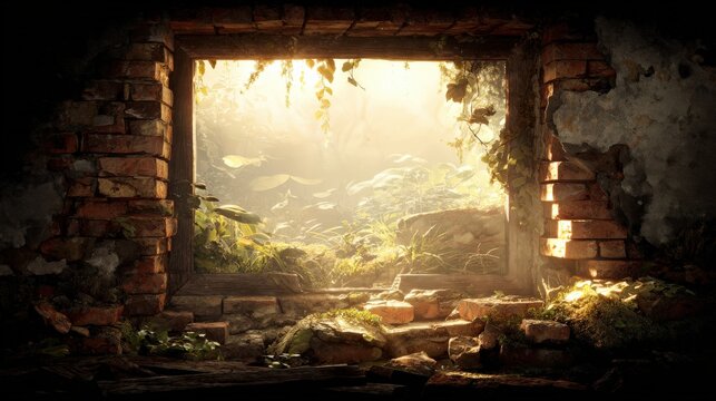 Bright sunlight streams through an old stone window opening into a lush overgrown garden.