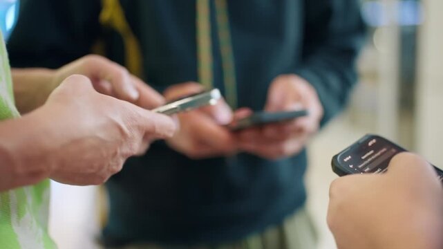 Close up view of several people holding smartphones and checking information together. Hands with mobile devices visible against blurred background in casual indoor setting.
