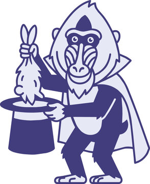 Magician mandrill mascot character featuring rabbit hat trick