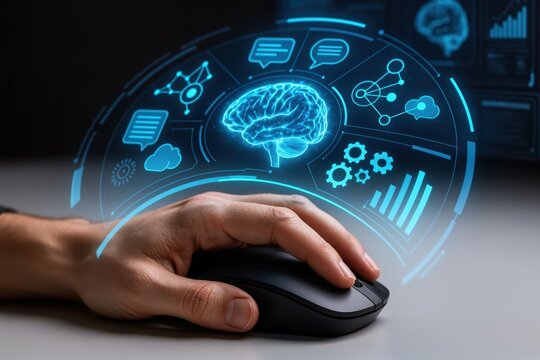 Human hand using a computer mouse with a glowing digital artificial intelligence brain
