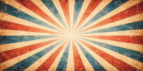 A colorful retro sunburst background featuring a vintage grunge texture with old paper rays and a circus style sunbeam burst illustration for a weathered wallpaper backdrop vector art © MDNUR