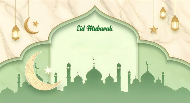 Eid al-Adha Green Mosque Silhouette on Marble Background