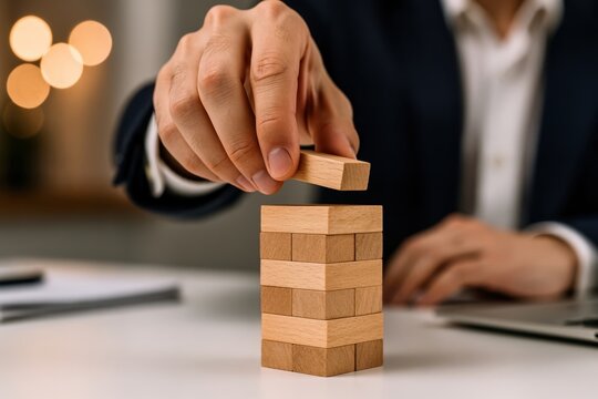 Business person building a tower with wooden blocks on a desk in the office