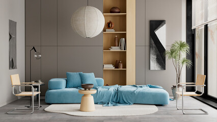 Modern minimal living room with blue sofa and wooden shelving featuring Scandinavian interior style and natural daylight in a clean neutral home environment. 3D illustration © Salih
