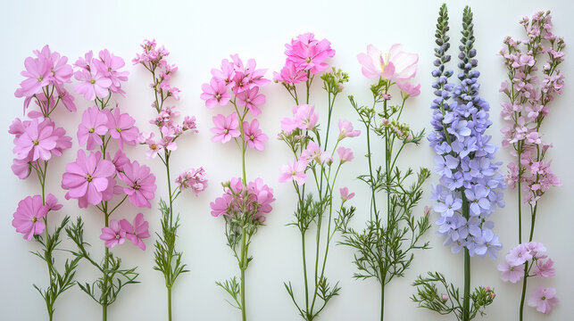 A beautiful collection of various fresh cut sp flowers including larkspur, geranium, and phlox are displayed on a simple white background, side by side.