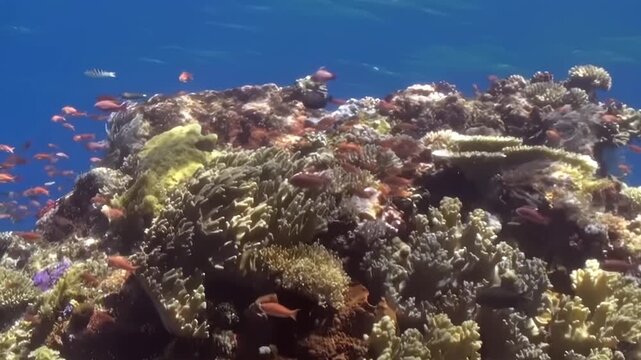 Observe the serene beauty of a thriving coral ecosystem. Schools of dazzling orange and pink anthias gracefully navigate the intricate structures of a vibrant reef in the sunlit, azure waters.