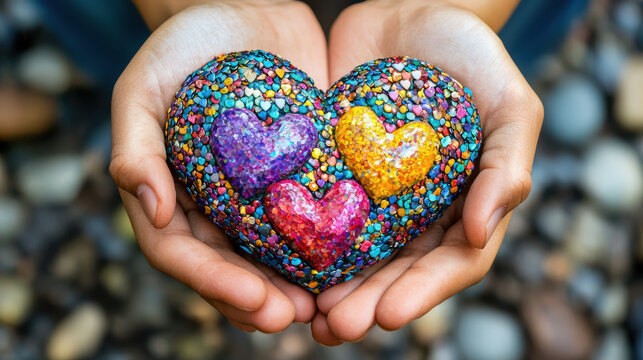 Young hands lovingly hold a colorful, heart shaped object decorated with glitter hearts, symbolizing love, compassion, and generosity on a stone background.