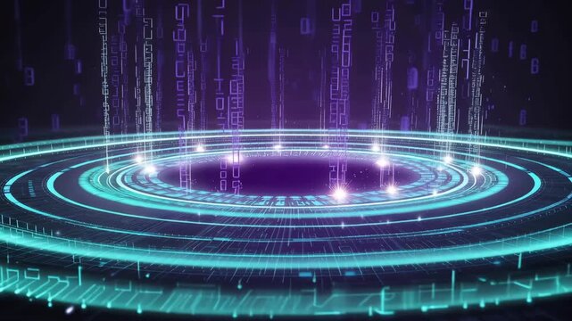 Bright lights and digital symbols create effects in a circular pattern at night