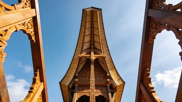 Low Angle View of Traditional Rumah Adat House Architecture with Intricate Wood Carvings and Soaring Roofline