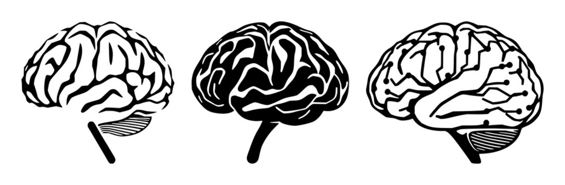 Artificial intelligence brain icon set with solid black silhouette against white background featuring circuit lines, neural network, technology illustration with digital and schematic