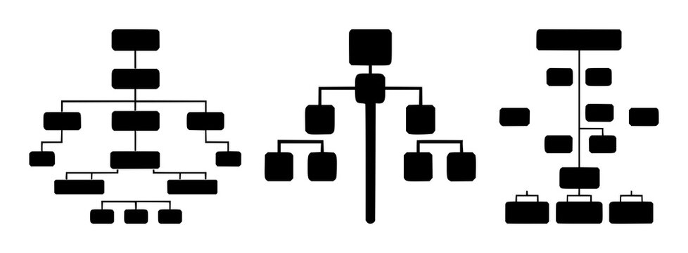 Sitemap icon set with solid black icon on white background featuring hierarchical nodes, connections, lines with outline and minimalist design