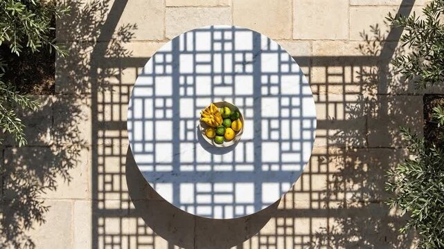 Marble garden table with fresh fruit bowl under geometric trellis shadow in luxury outdoor courtyard