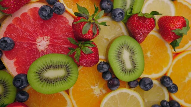 Background of fresh fruits and berries rotating. Vegan sweet food, flat lay.