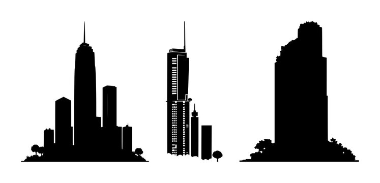 Green skyscraper icon set with solid black silhouette on white background featuring vertical greenery, urban forestry, sustainable architecture with eco-friendly and urban renewal