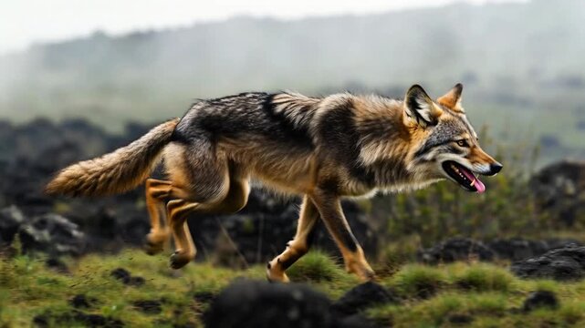 A wild coyote walks across land.