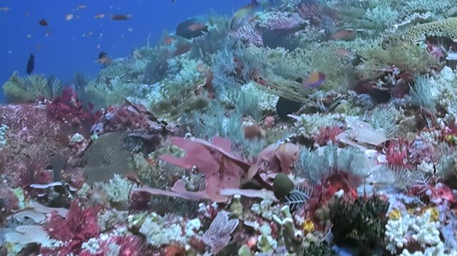 A vibrant coral reef bursts with color and movement underwater. Schools of tiny fish gracefully navigate the diverse coral formations, while larger marine creatures explore the flourishing ecosystem.