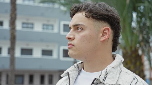 Man looks to right, showing ear tattoo and side profile in front of building while wearing a patterned jacket; quiet contemplation.