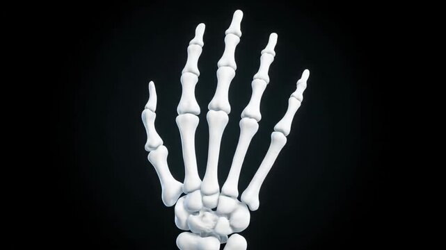 3D Skeletal Hand Visualization: Pearl White Metacarpals and Phalanges in Orbital Rotation