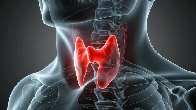 Parathyroid glands anatomy transparent neck layer with red hyperactive node visible in static medical render illustrating endocrine imbalance and calcium regulation concept for clinical education