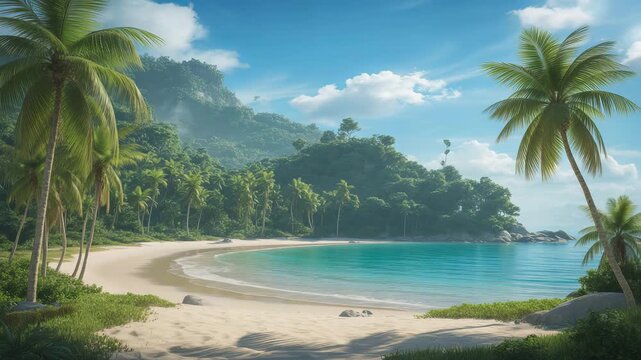 Pristine tropical beach paradise with lush green jungle mountains and crystal clear turquoise