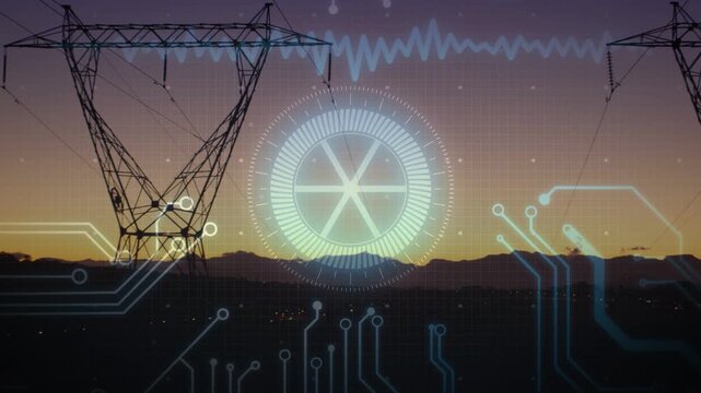 Camera panning HUD over sun glowing waveform rising traces growing pylons showing energy monitoring
