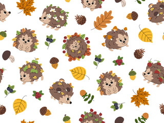 Children cartoon autumn hedgehog seamless pattern. Cute forest background with animals, mushrooms, and berries for little ones. © Ирина Яшкирева