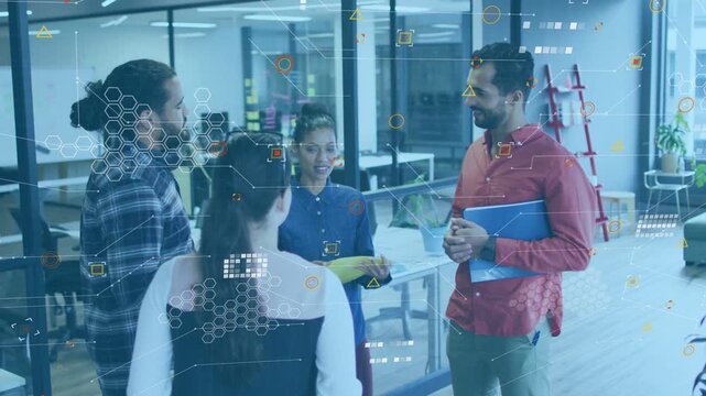 Woman in blue lifting yellow folder starting discussion for alignment team nodding overlays growing