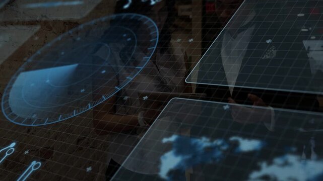 Tech HUD initiating radar sweep and updating map pane while team seeing reflections for monitoring