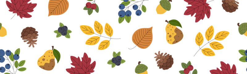 Autumn horizontal seamless border pattern with leaves and wild berries. Decorations for Thanksgiving, Harvest Festival and other fall designs. © Ирина Яшкирева